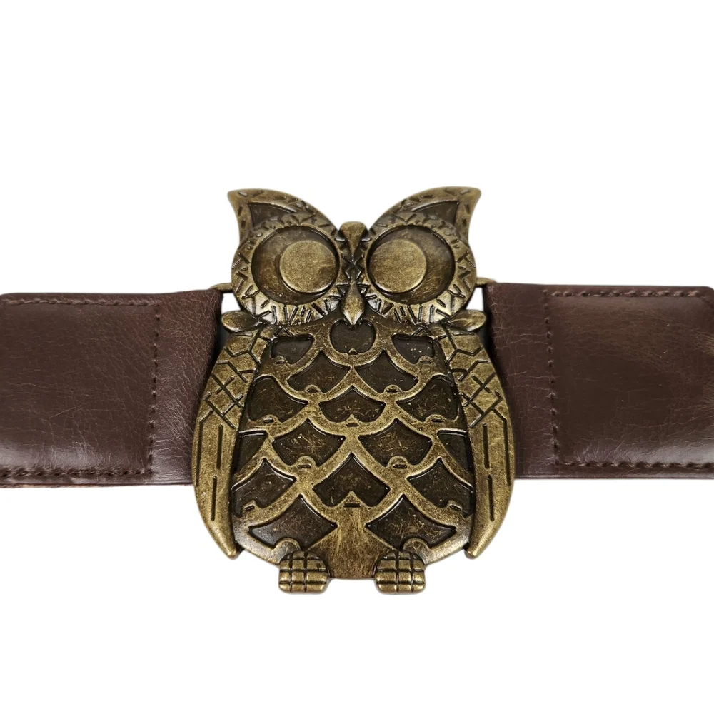 Fantasia Accessories Antique Brass Owl Brown Stretchy Boho Belt Womens Size L XL